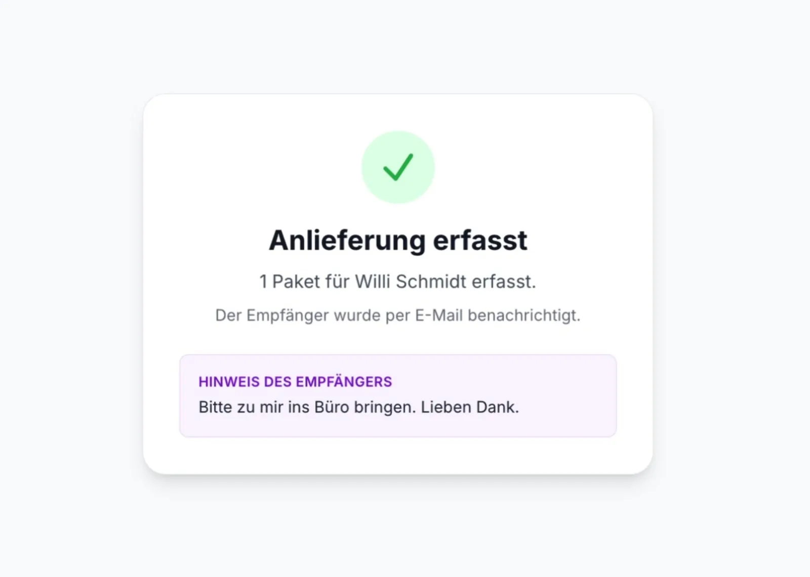 Bestätigung mit individuellem Empfängerhinweis