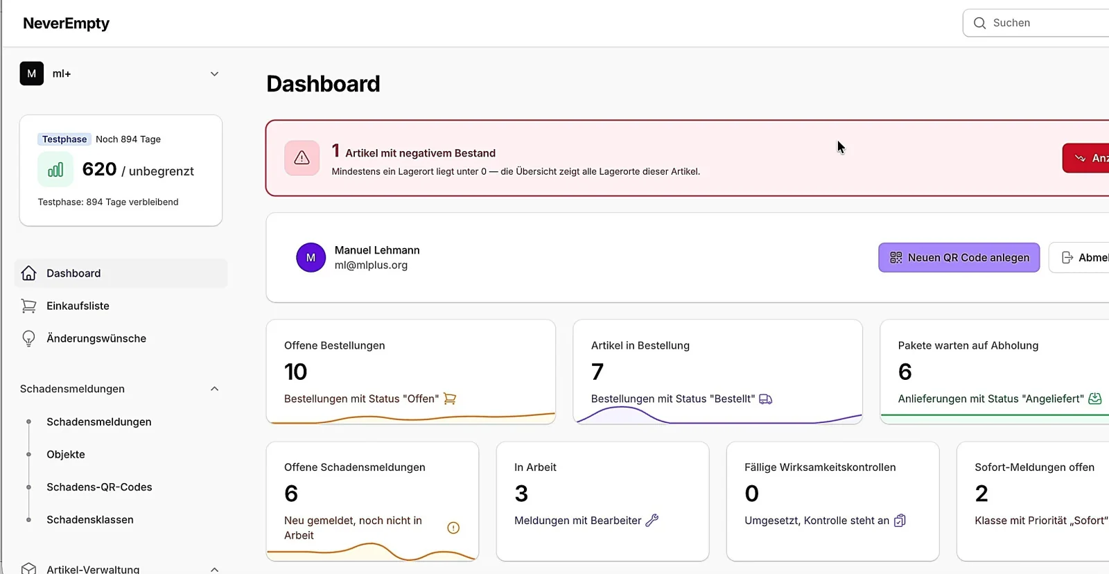 never empty Dashboard mit Bestellungen, Beständen, Schadensmeldungen und Paketstatus