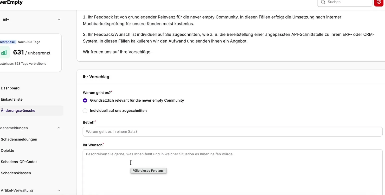 Funktionswünsche direkt einreichen